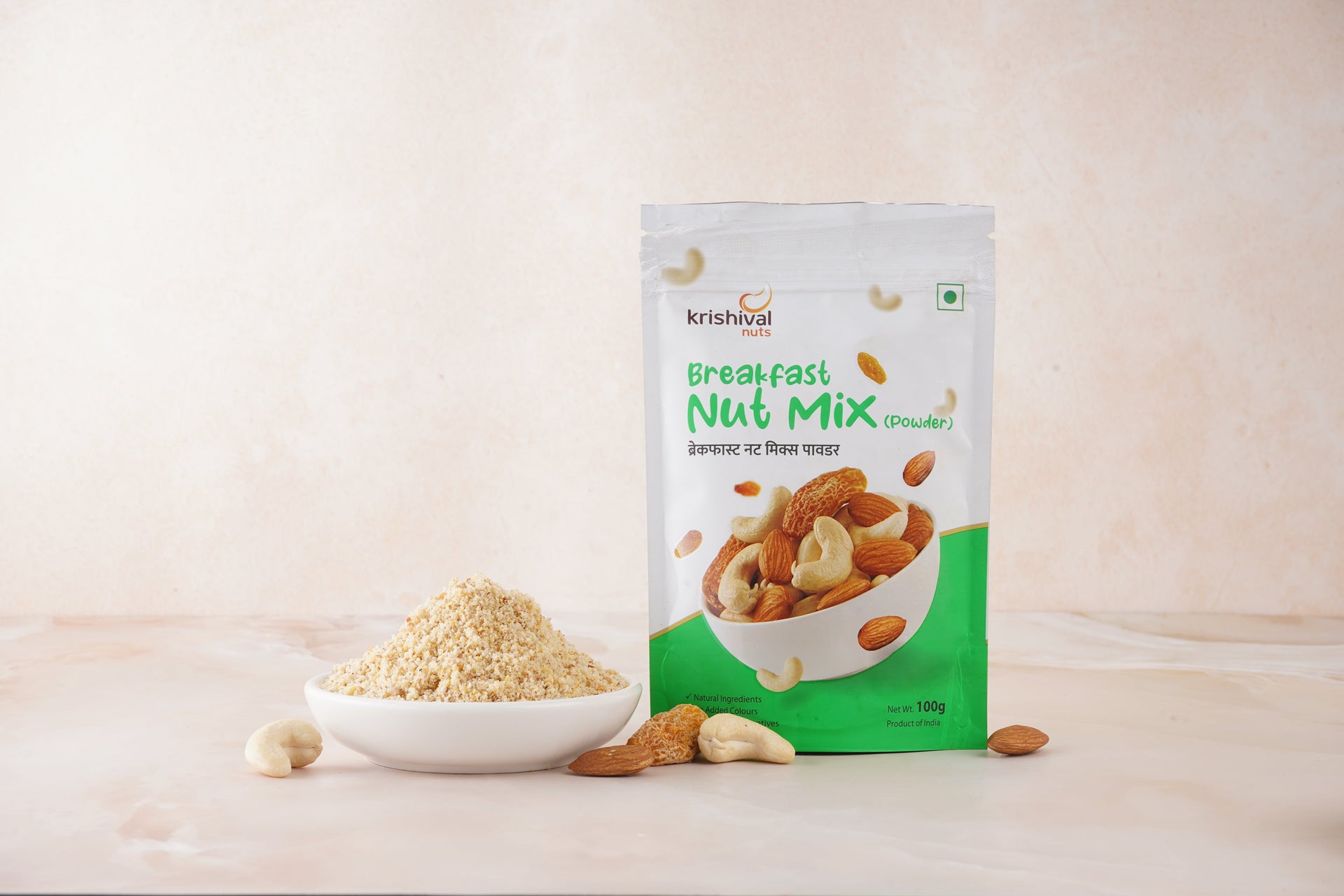 KRISHIVAL NUTS Breakfast Nut Mix Powder | 100 Grams [1 pack of 100 grams] | Powdered - California Almonds + Cashews W320 + Dry Dates | Healthy Breakfast Snack | Zero Preservatives