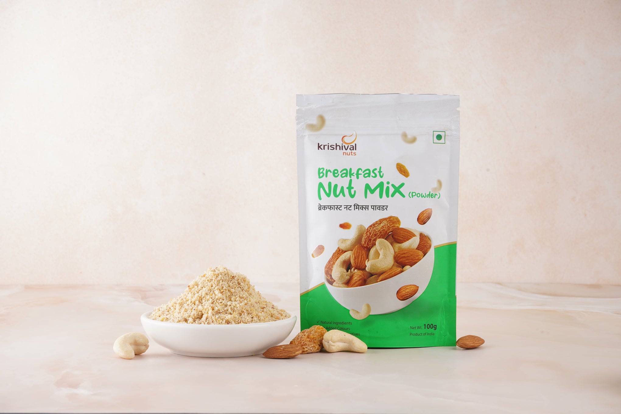 KRISHIVAL NUTS Breakfast Nut Mix Powder | 100 Grams [1 pack of 100 grams] | Powdered - California Almonds + Cashews W320 + Dry Dates | Healthy Breakfast Snack | Zero Preservatives