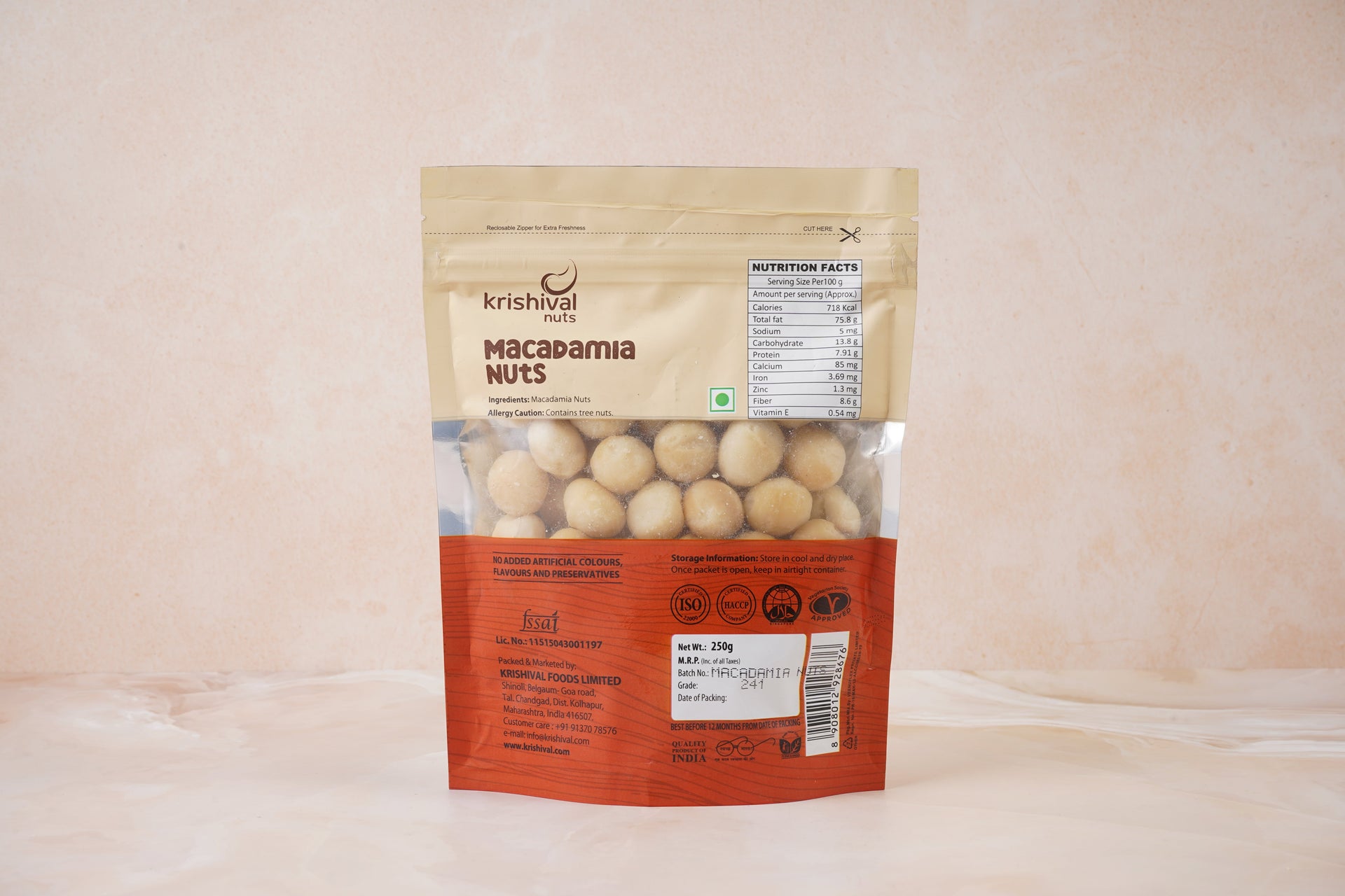 Krishival Nuts Macadamia Nuts | 250 Grams | Imported Jumbo Size Nuts | Reclosable Ziplock Packaging | 100% Natural