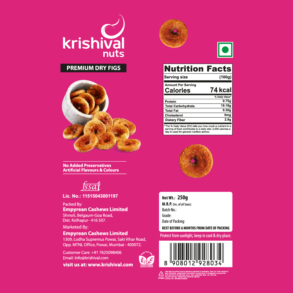 Premium Quality Dry Figs 1 kg, Anjeer Dry Fruits, Krishival (Pack of 4 x 250g)