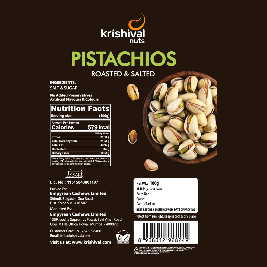 Pista 100g, Premium Quality Krishival Roasted & salted Pistachios, Tasty & Healthy Snack, Best Dry Fruits